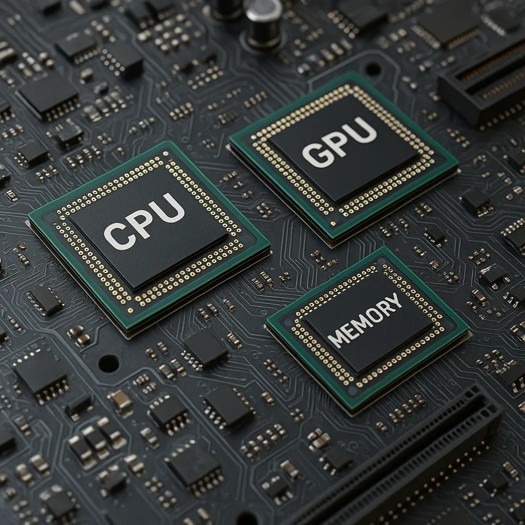 Detailed View of a Computer Motherboard Featuring Labeled CPU, GPU