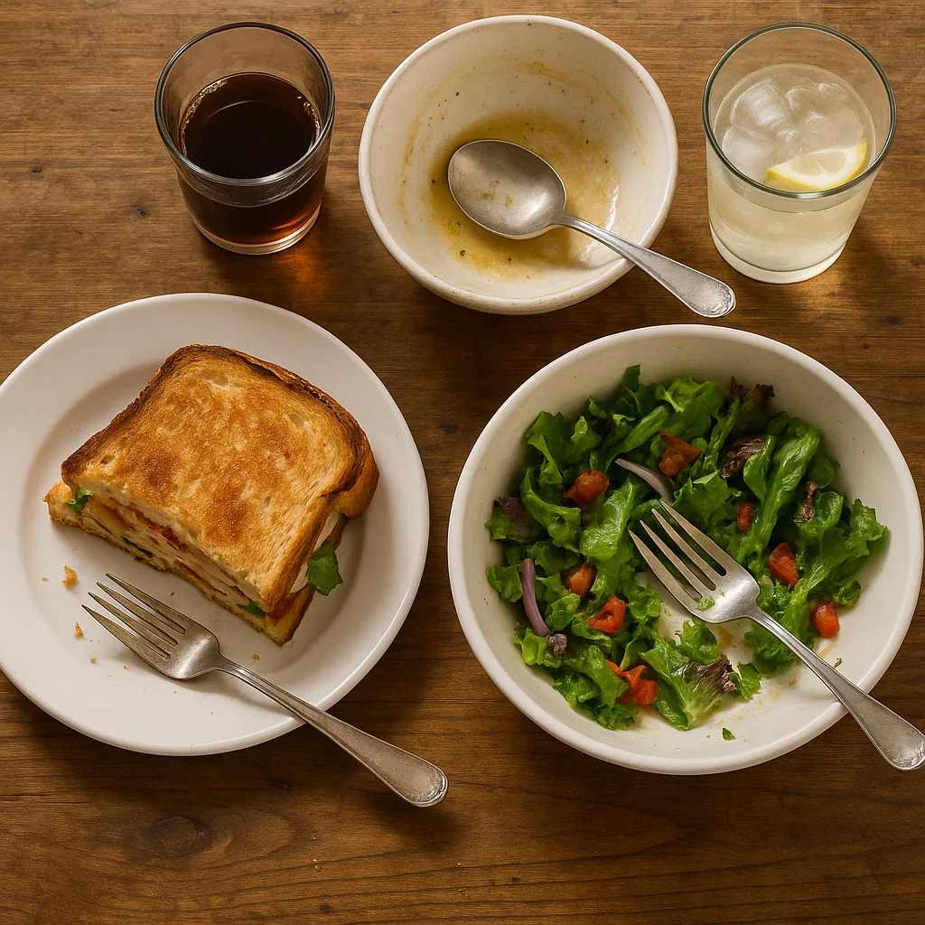 Table with Remnants of a Meal Including a Partially Eaten