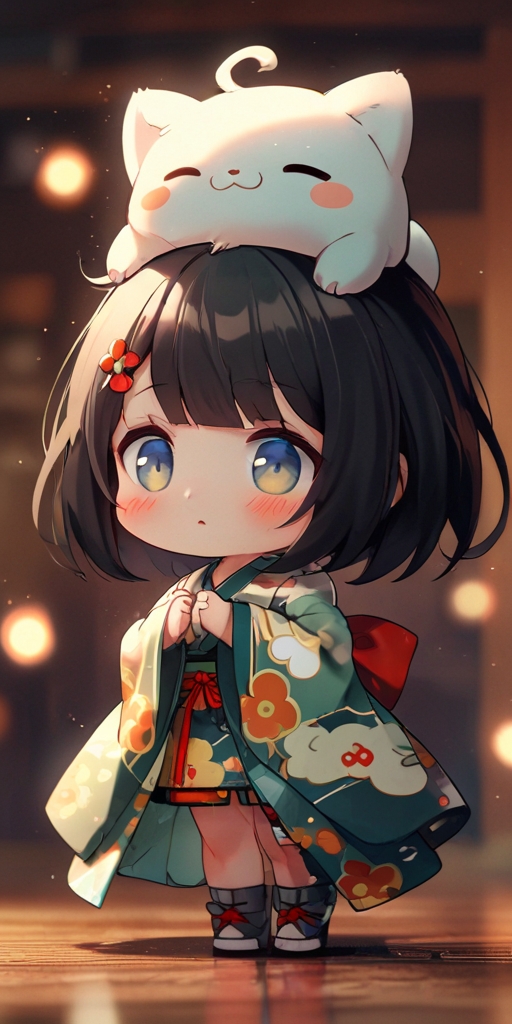 Chibi Bisque Doll in Fractal Shrine Kimono
