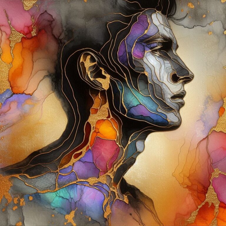 Kintsugi Mixed Media Portrait with Vibrant Colors