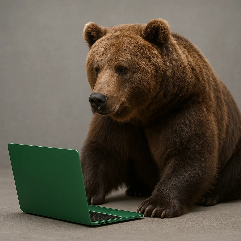 Grizzly Bear Positioned Beside a Green-colored Laptop