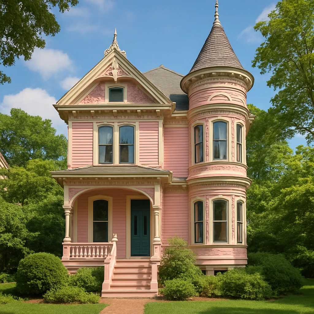 Pink Victorian-style House with Ornate Architectural Details