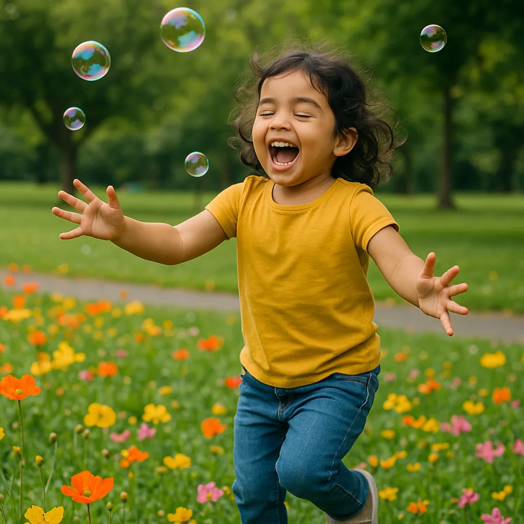 Child Happily Runs After Floating Bubbles