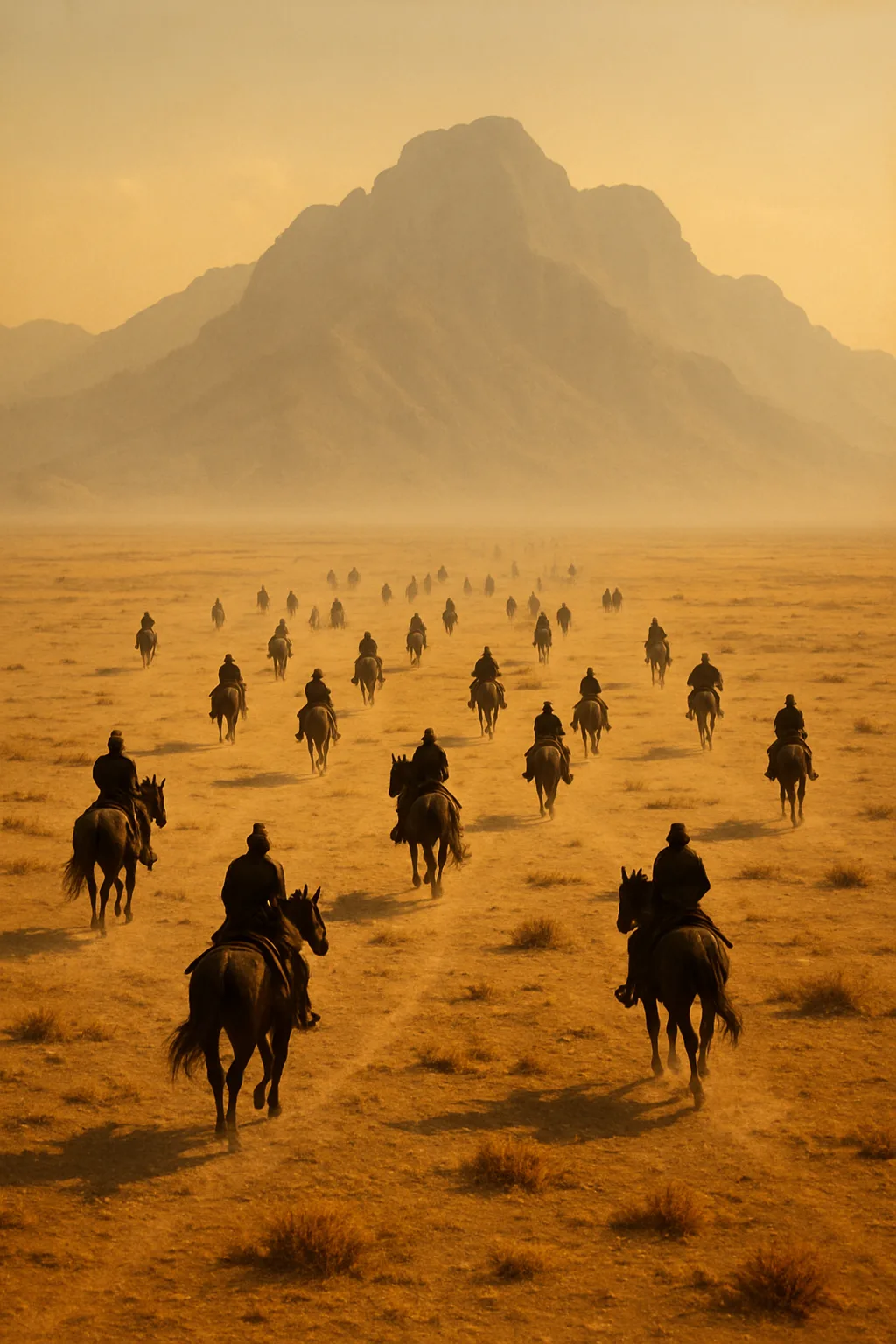 Many Distant Figures on Horseback Traverse a Vast