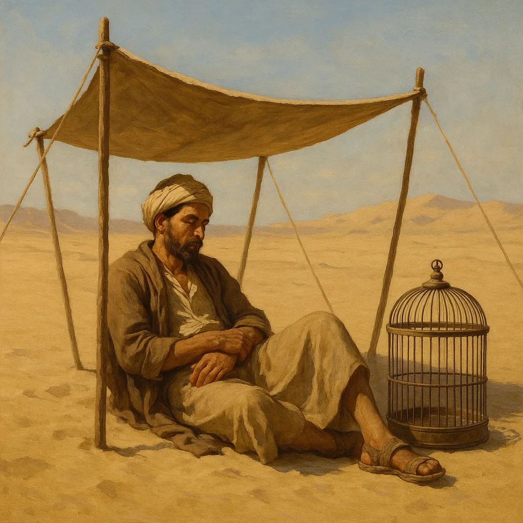 Man Sits under a Tiny Canvas Shelter