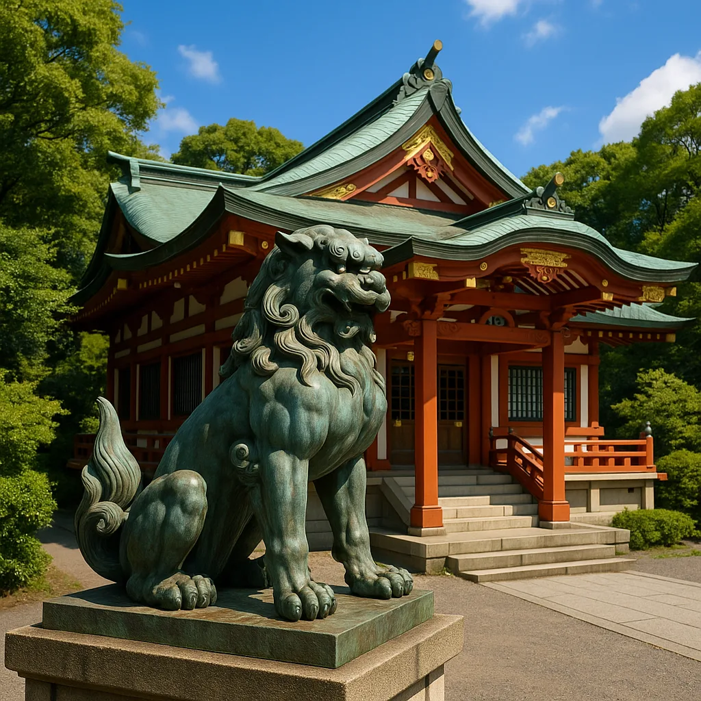 Bronze Lion Statue Stands in Front of a Traditional Japanese