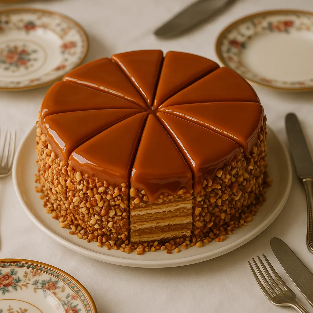 Traditional Layered Cake with Caramel-glazed Slices and Nut-covered Sides