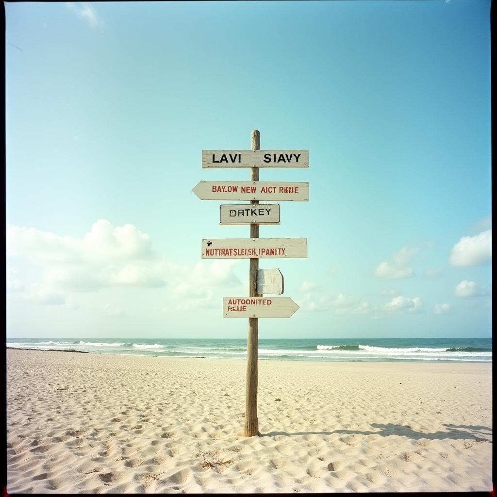 Opposing Signposts Dividing a Serene Beach