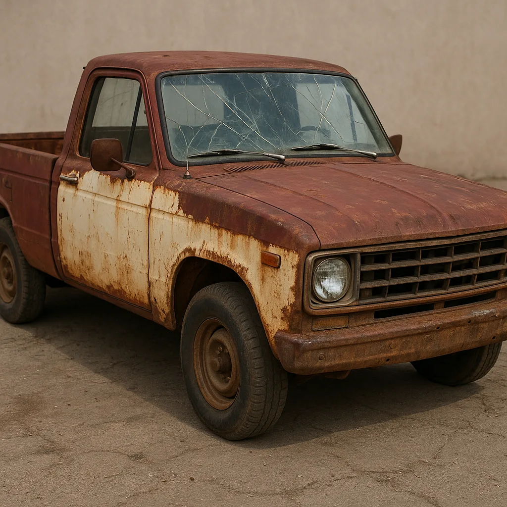 Weathered Maroon Pickup Truck with a Cracked Windshield