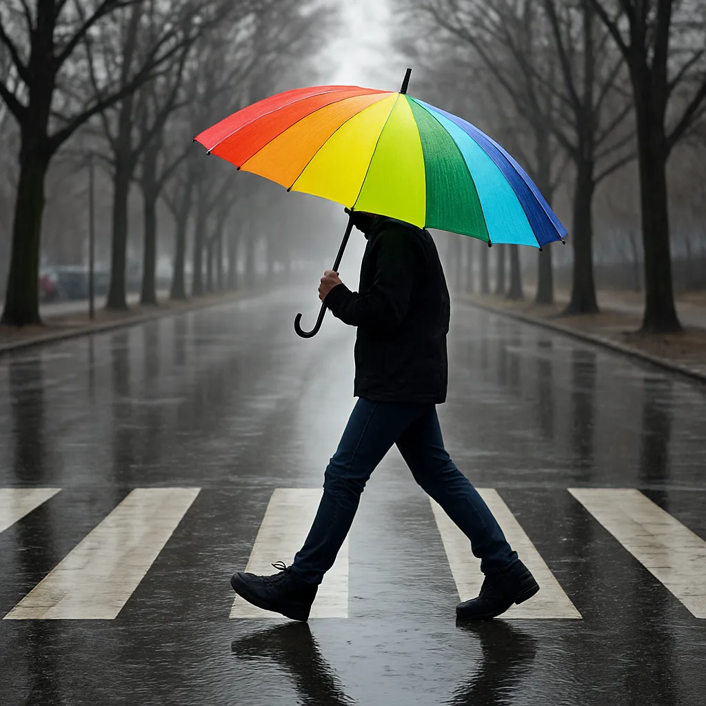 Person Holding a Rainbow-colored Umbrella Crosses a Wet Street
