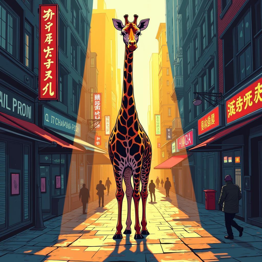 Manga Giraffe Spotlit on a City Street