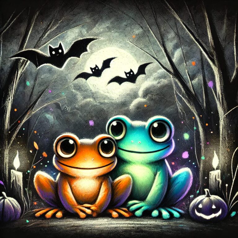 Cartoon Frogs in Mystical Halloween Forest