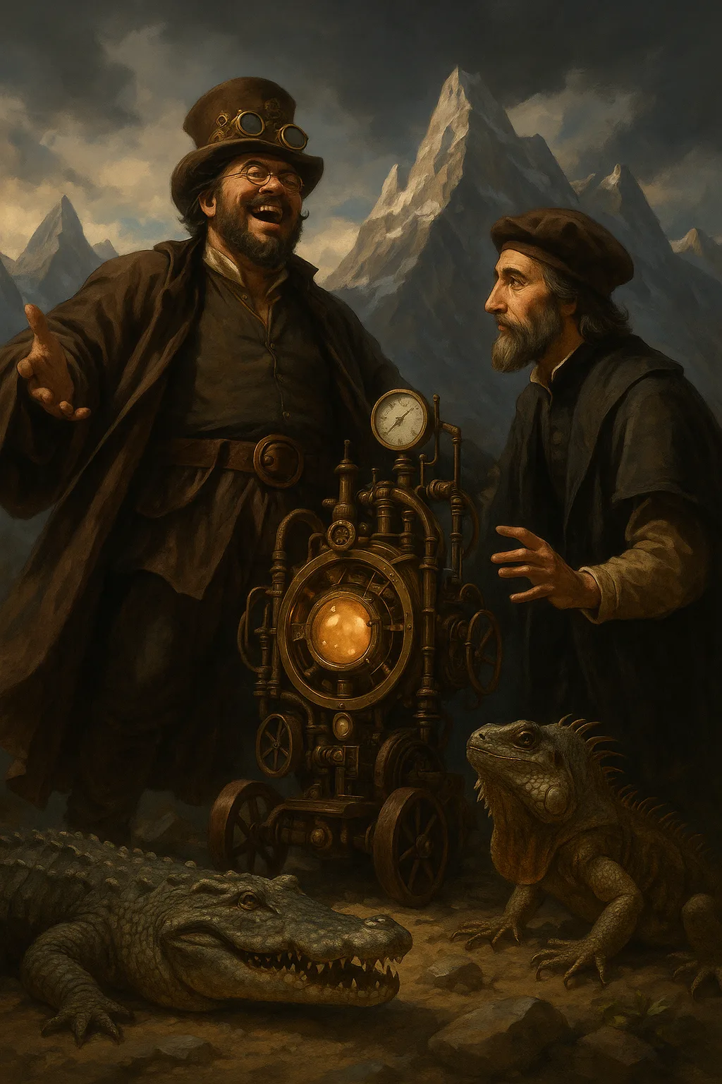 Laughing Steampunk Inventor in an Open Abaya Reveals an Anachronistic