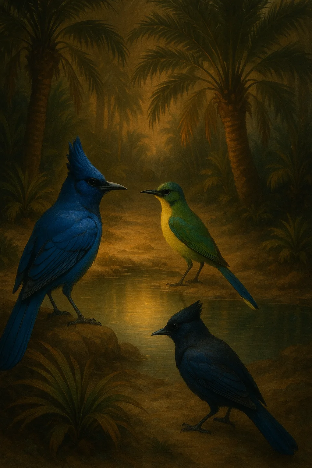 Narrative and Imaginative Scene Unfolds Within a Secluded Oasis