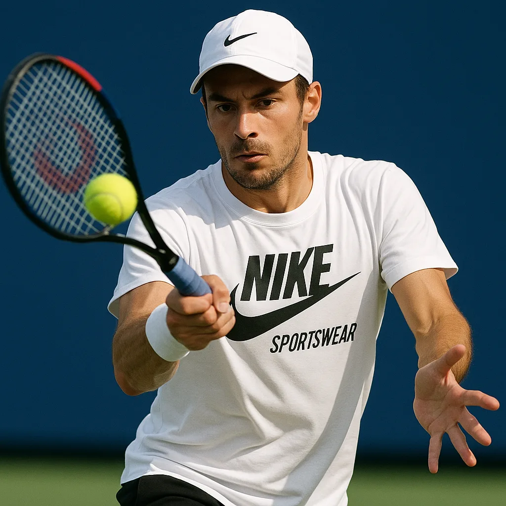 Tennis Player in a White Nike Sportswear Shirt Swings