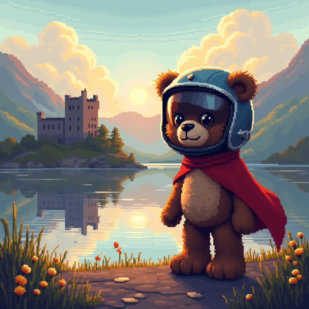 Pixel Teddy Bear Before Kilchurn Castle