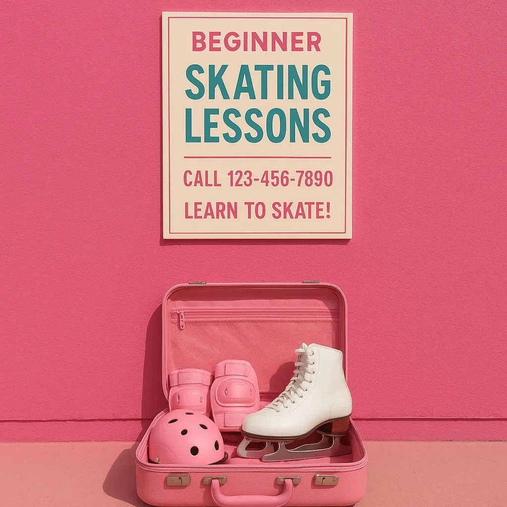 Vibrant Pink Wall with a Sign Advertising Beginner Skating Lessons