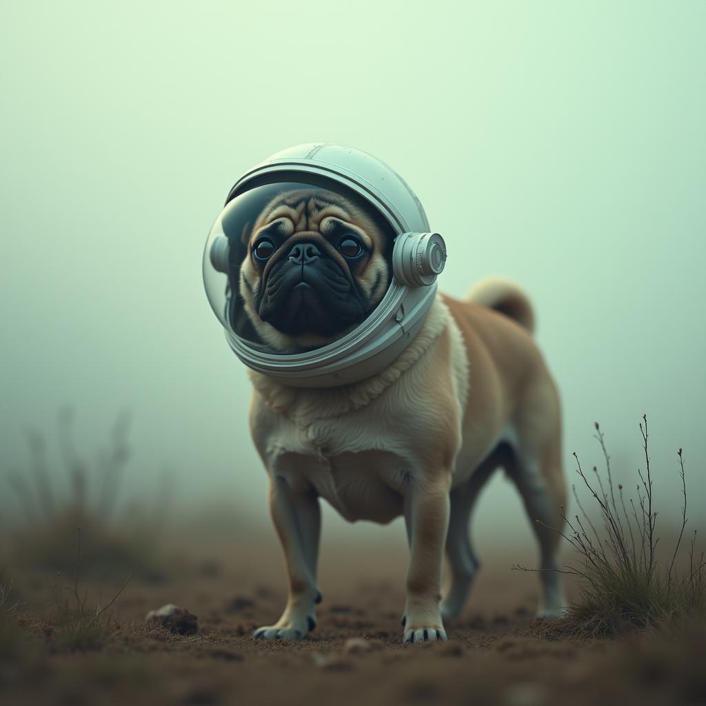 Pug in Astronaut Helmet Amid Misty Fields