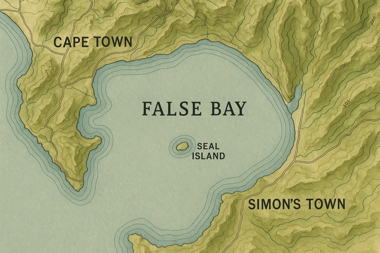 Topographic Map Showing False Bay in South Africa