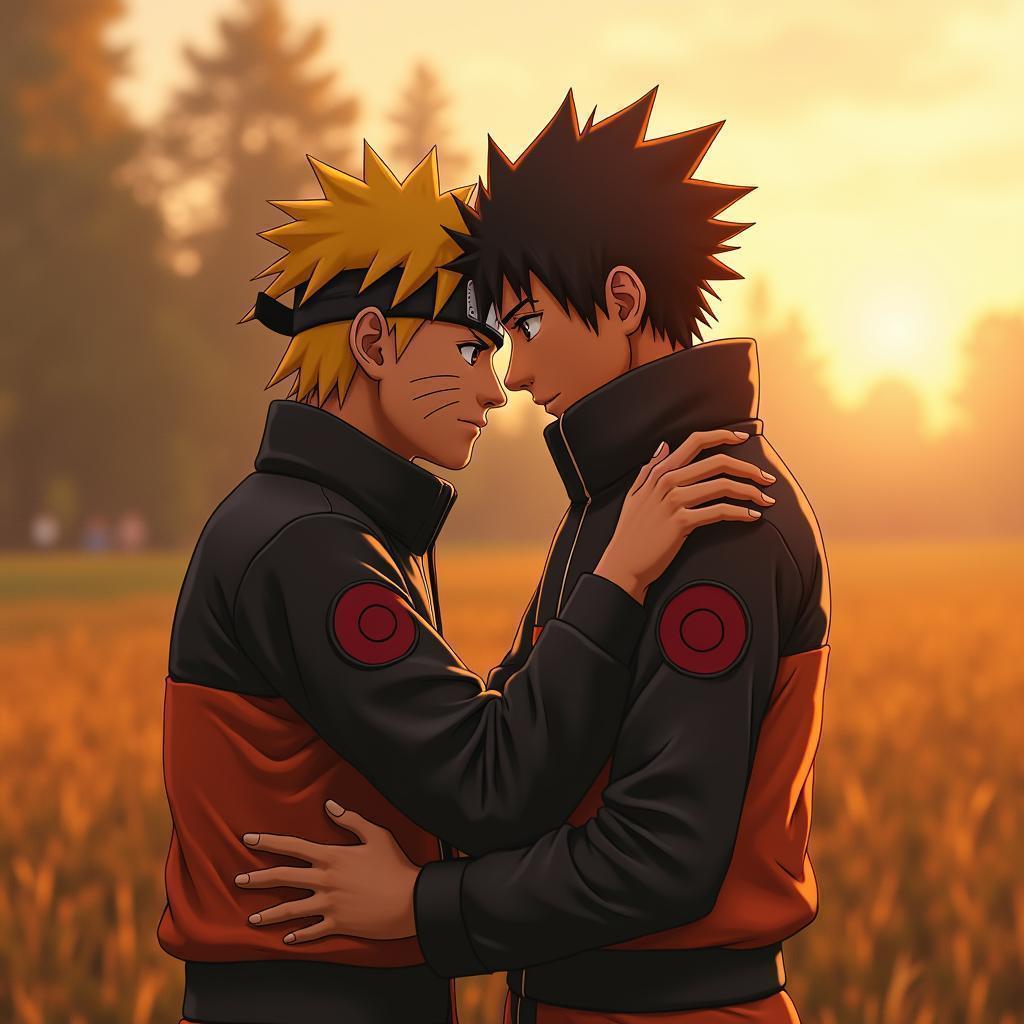 Naruto Embracing Sasuke at Golden Hour