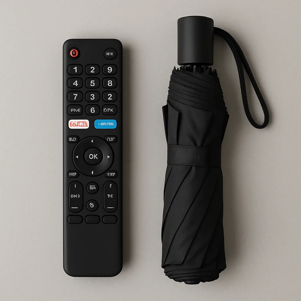 Television Remote Positioned to the Left of an Umbrella