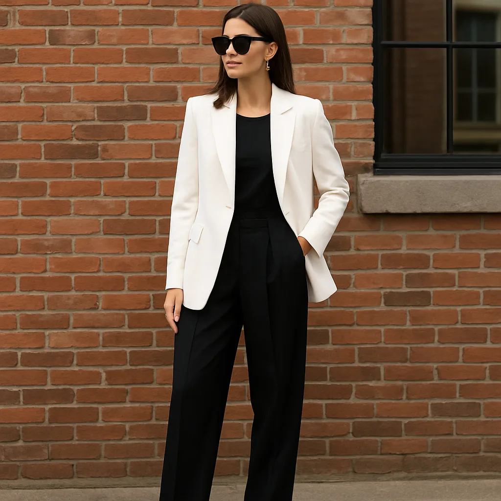 Woman Wearing a Stylish Outfit Featuring a White Blazer