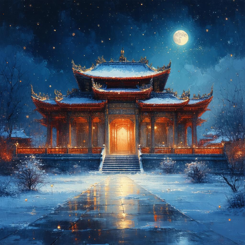 Impressionist Moonlit Temple in Falling Snow