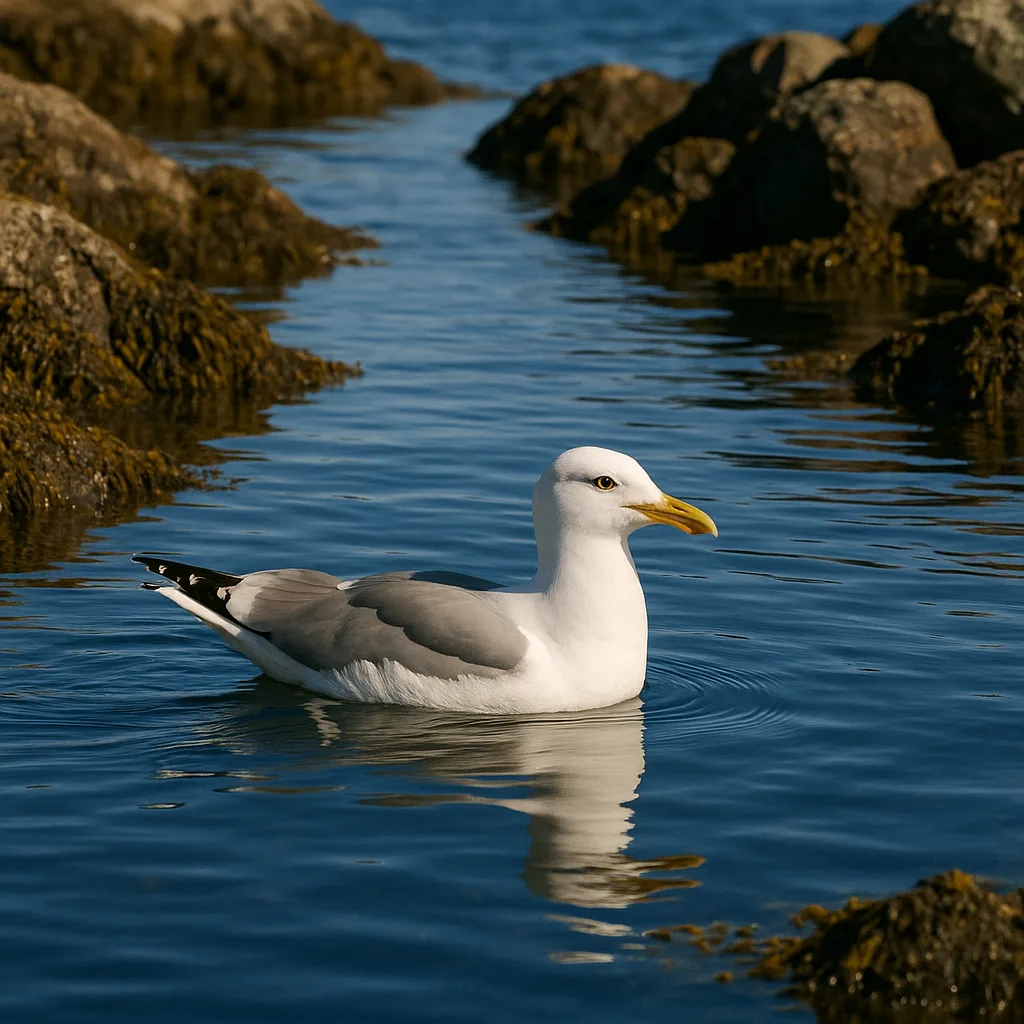 Seagull Swims on Calm Blue Water