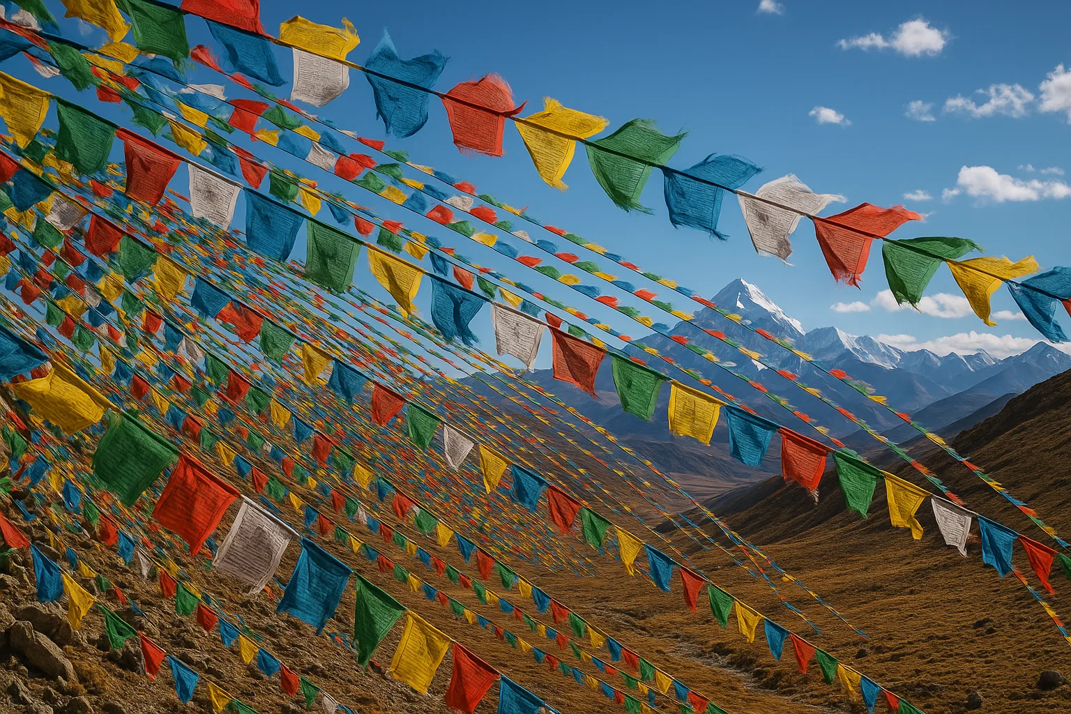 Hundreds of Brightly Colored Prayer Flags Flutter in the Wind