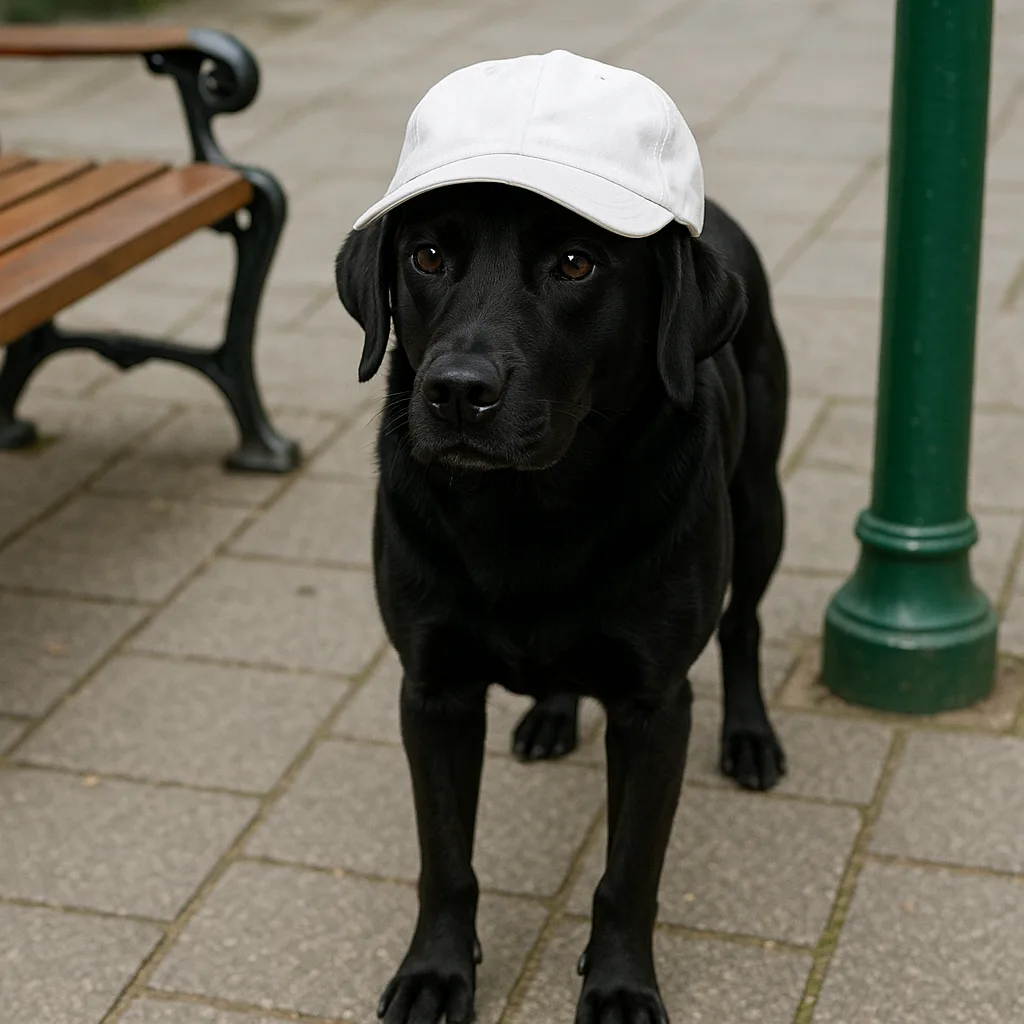 Black Dog Wearing a White Cap