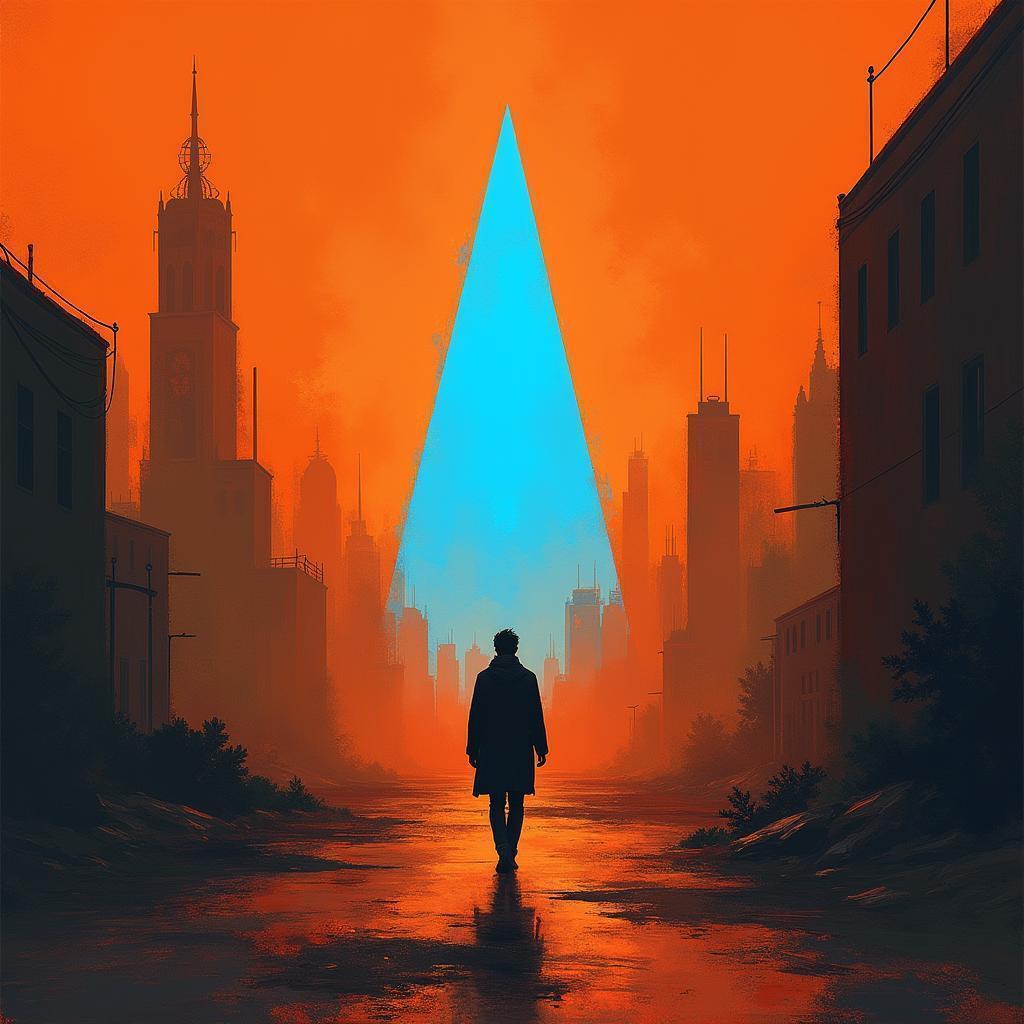 Blue Triangle Ascending Over Orange Painted City