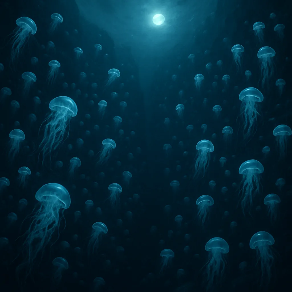 Countless Bioluminescent Jellyfish Drift in Mesmerizing Patterns Through a Vast