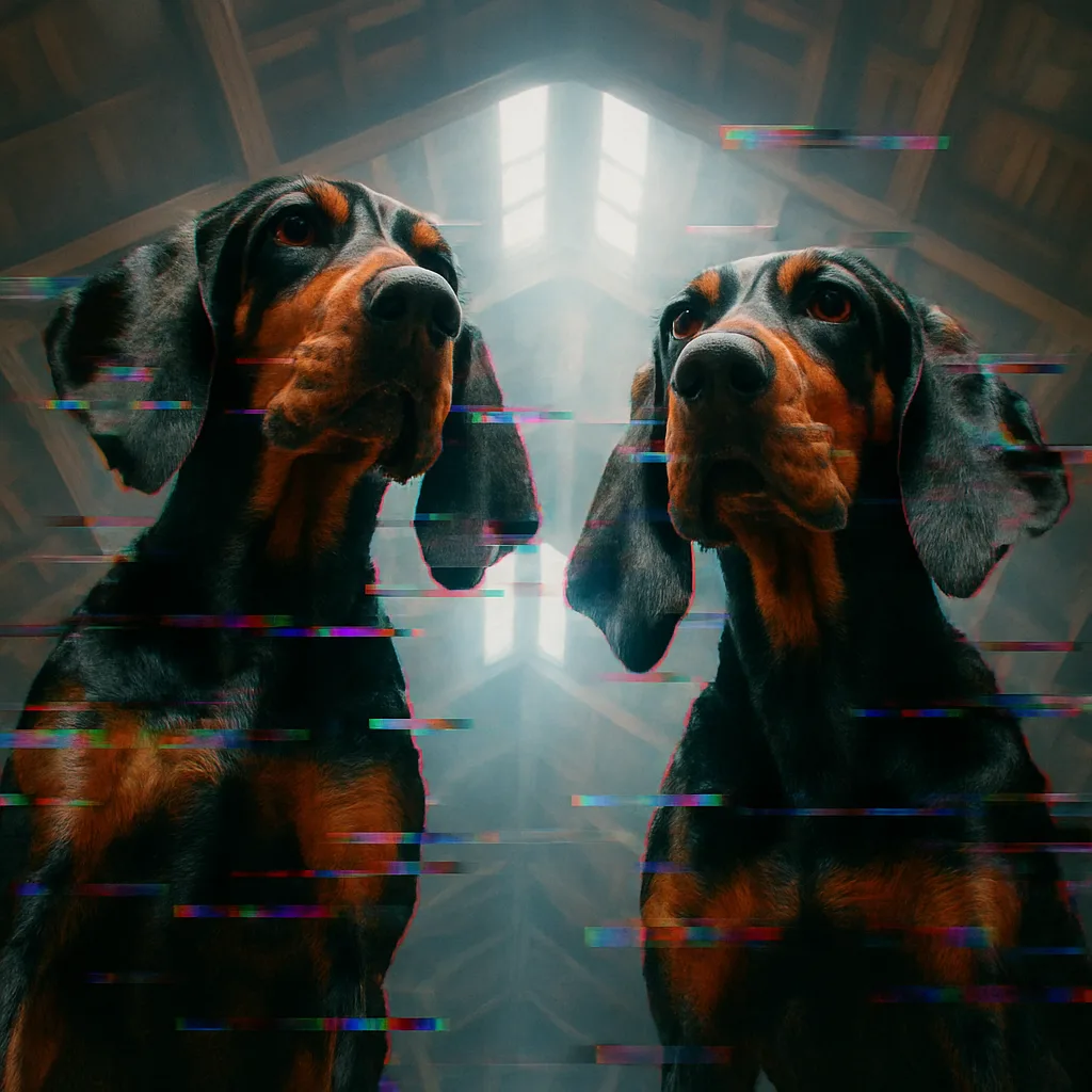 Two Diverse Black-and-tan Coonhounds Glitch with Digital Artifacts