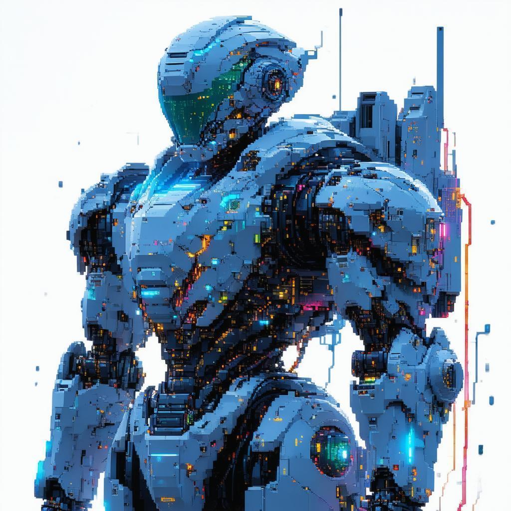 Pixelated Warrior Robot Glowing on White