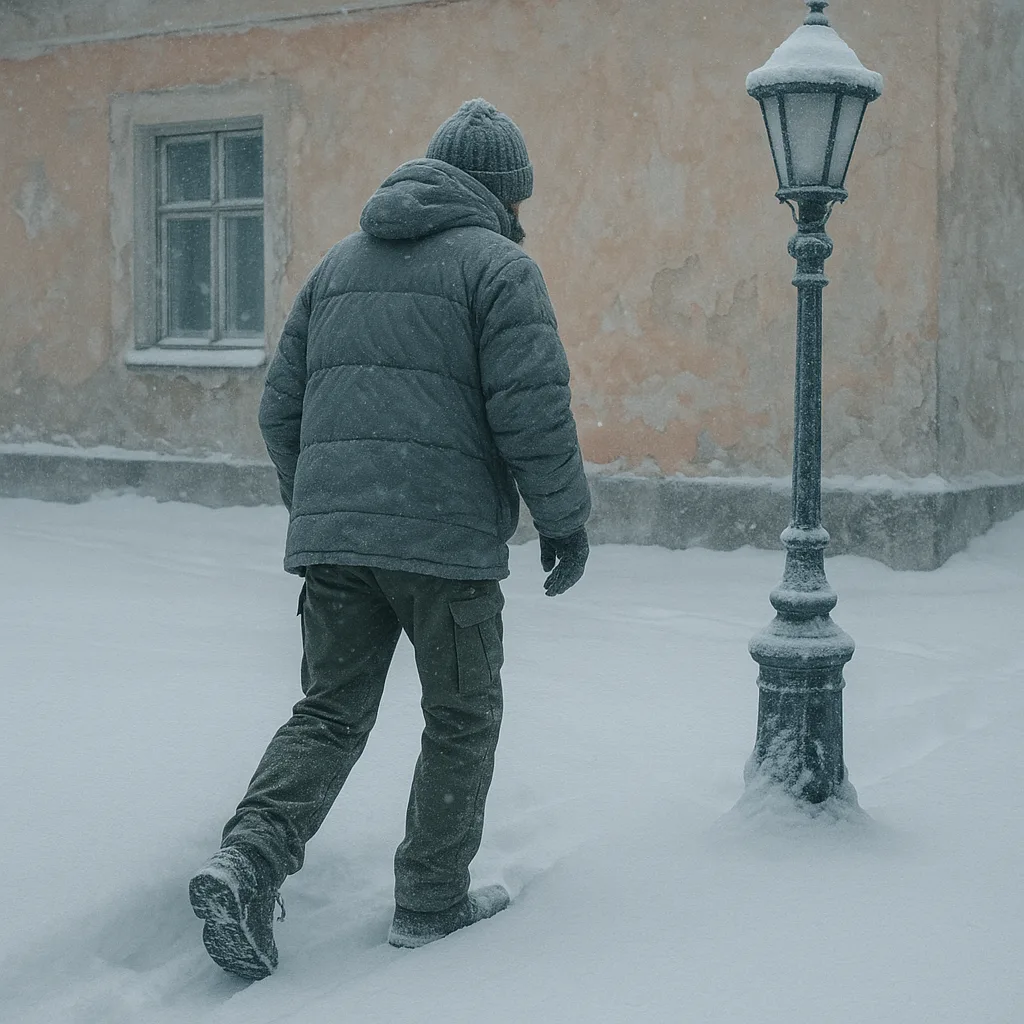 Heavily Layered Individual Making their Way Carefully Through Pristine