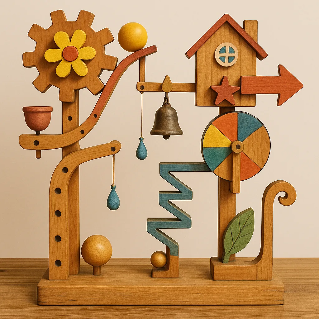Whimsical Wooden Contraption Designed as a Rube Goldberg Machine