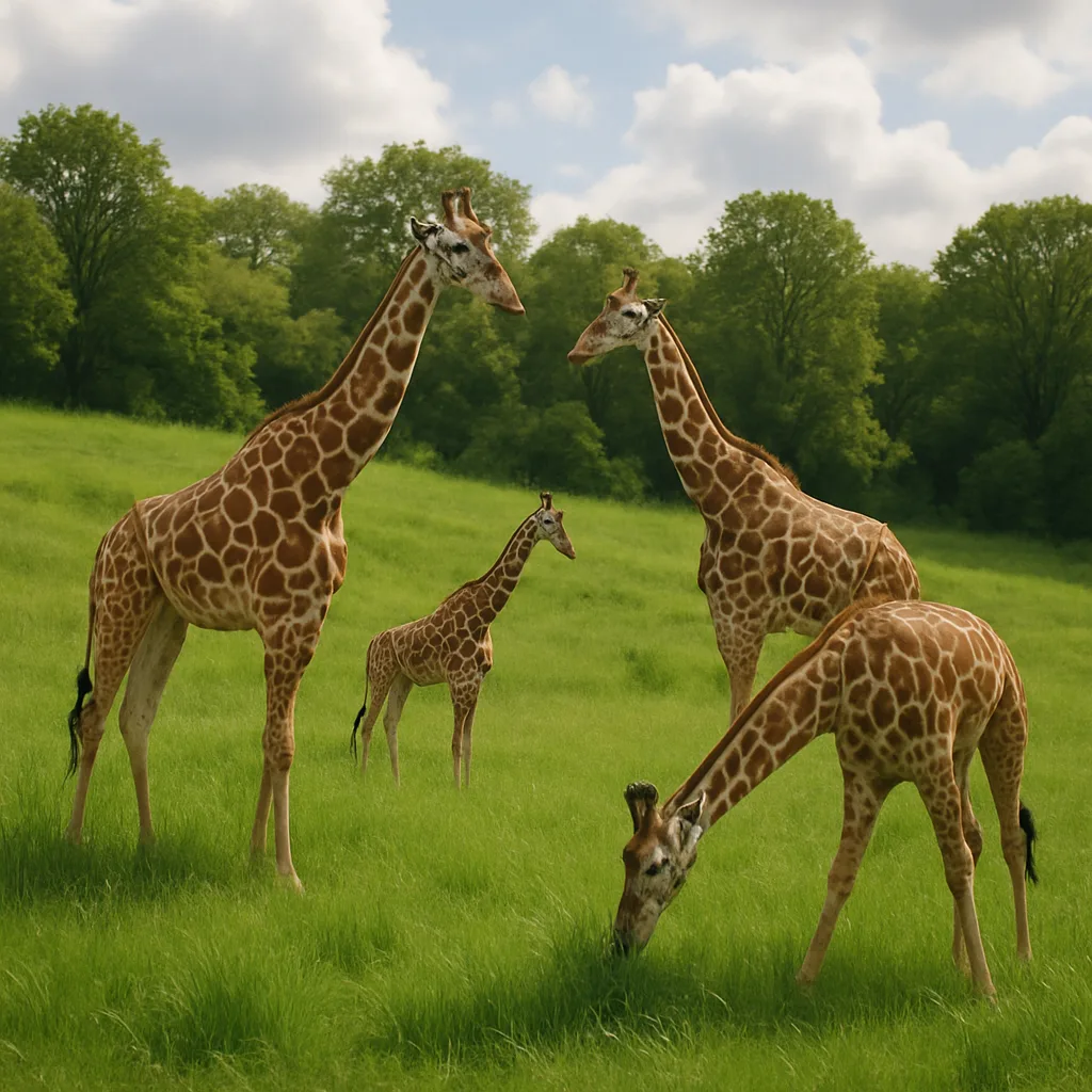 Herd of Giraffes Is Calmly Feeding on the Vegetation