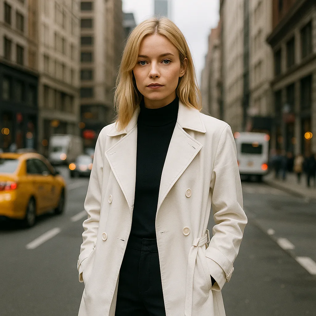 Woman with Blonde Hair Wearing a White Trench Coat