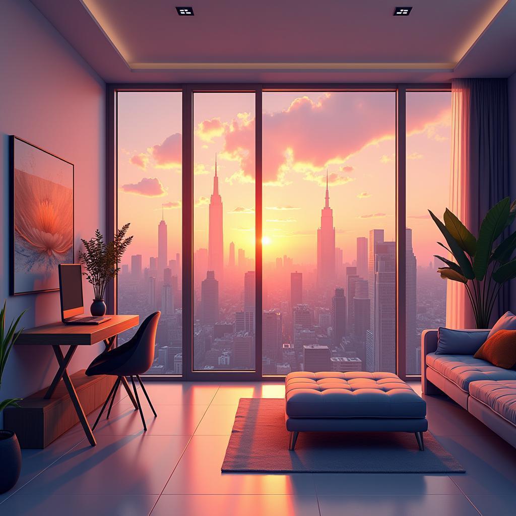 Minimalist Apartment Framing an Animated Golden City