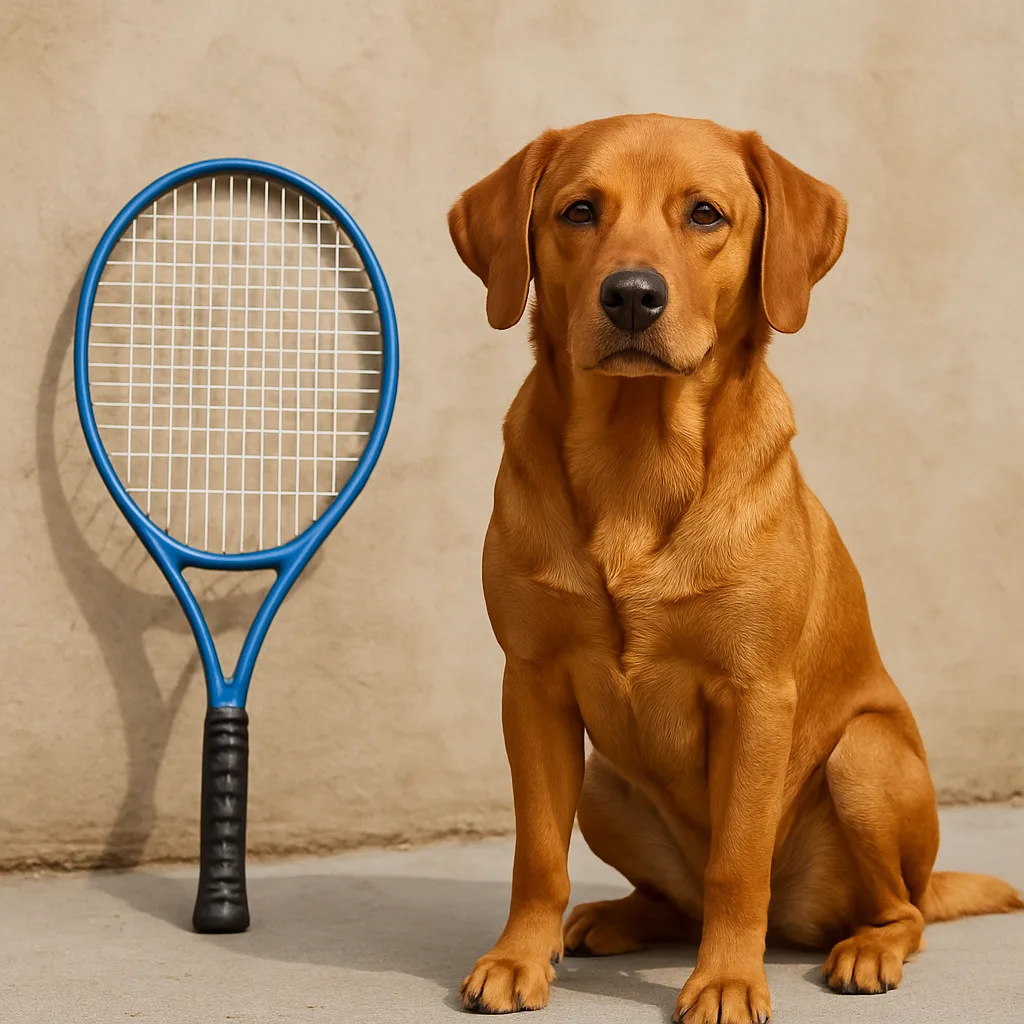 Brown Dog Seated Alongside a Tennis Racket