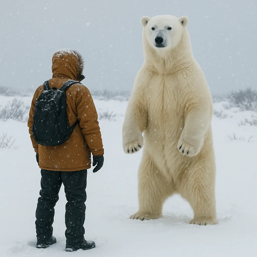 Person Stands in a Snowy Landscape Facing a Polar Bear