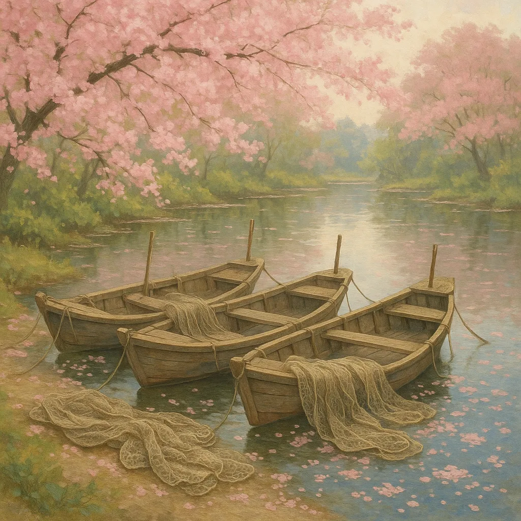 Fishing Boats Anchored Peacefully by a Calm River's Edge
