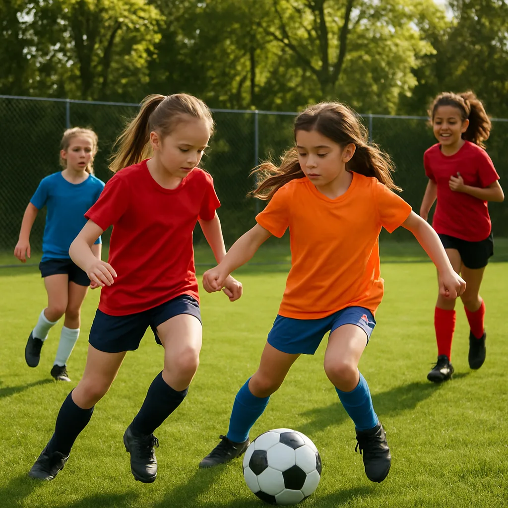 Group of Girls Playing Soccer on a Green Field