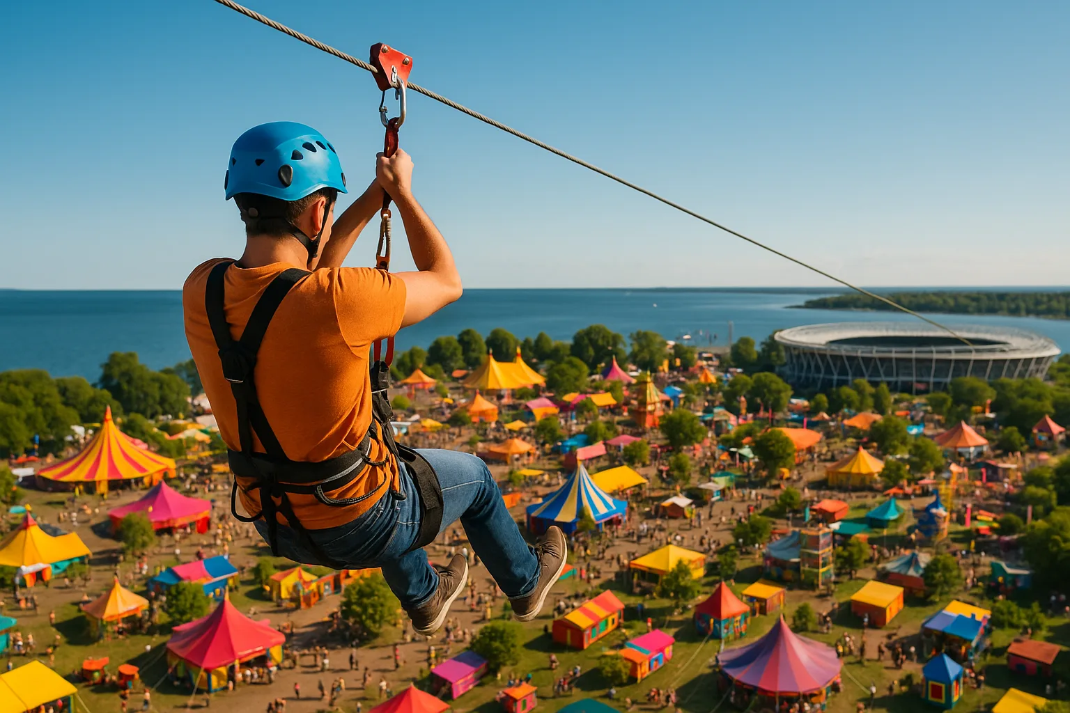 Person Wearing a Helmet and Harness