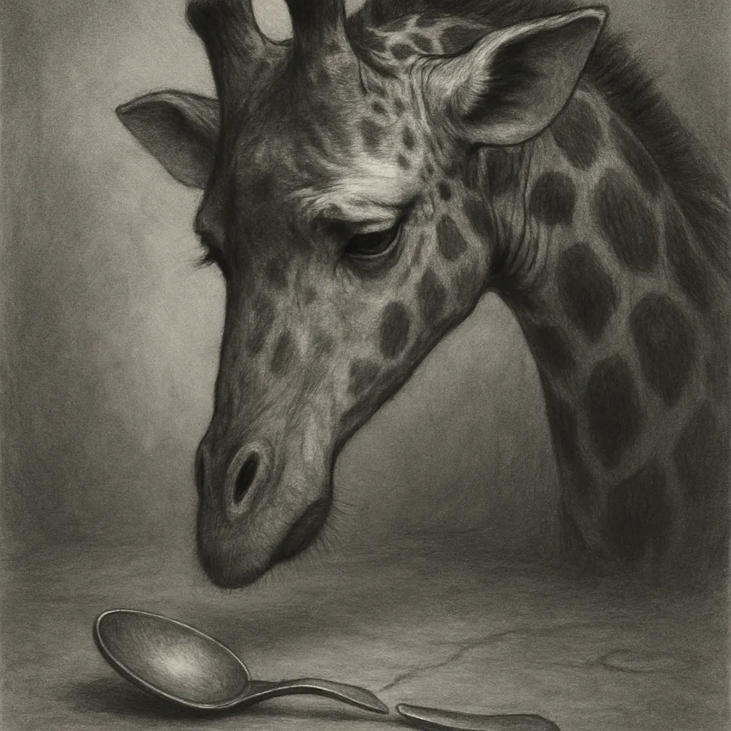 Black-and-white Illustration of a Giraffe Thoughtfully Observing a Damaged Spoon