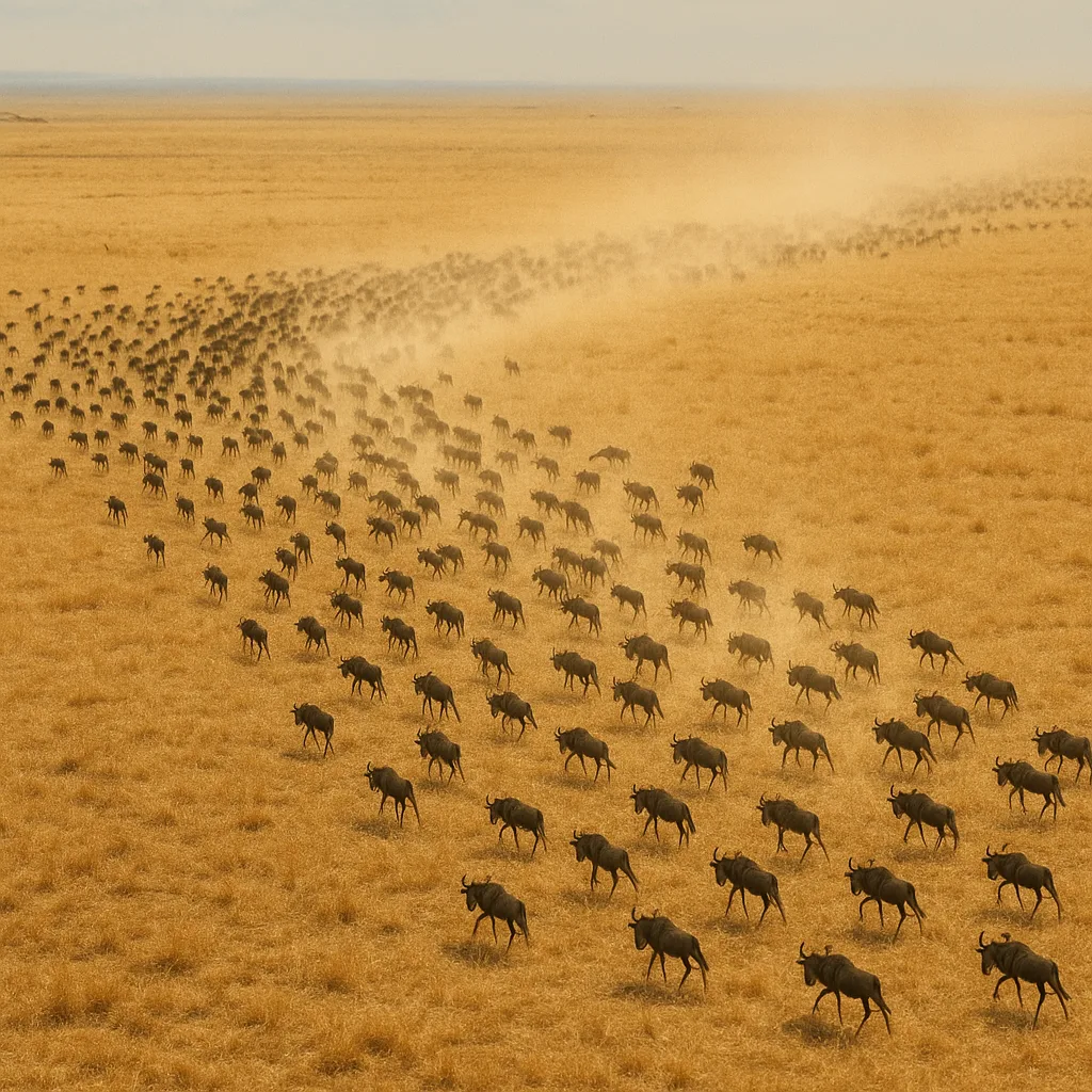 Vast Herd of Minuscule Wildebeest Migrates Across an Immense