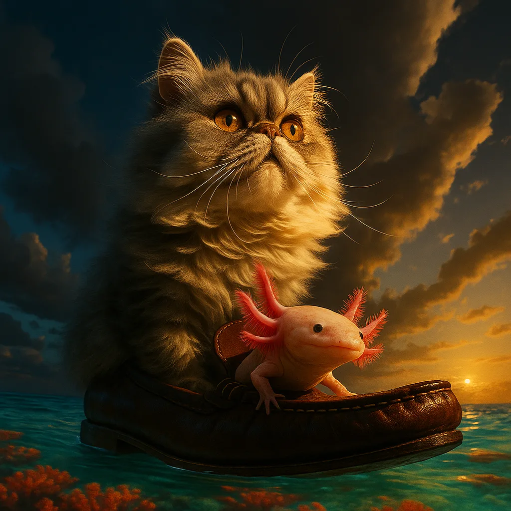 Persian Cat and Axolotl in a Luxurious Loafer Drift