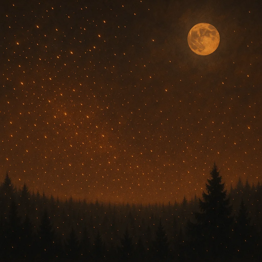 Countless Individual Embers from a Distant Wildfire Drift Like Fireflies