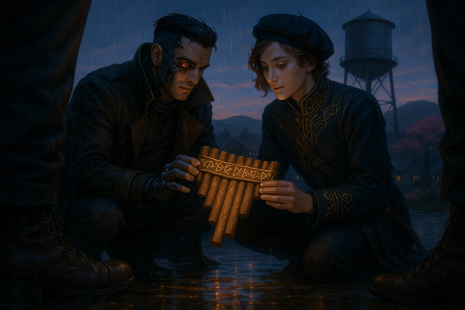 Cybernetic Detective and a Gold-detailed Androgynous Artist Scrutinize