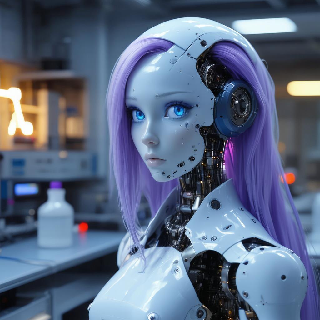 Violet Haired Android Posing in a Lab